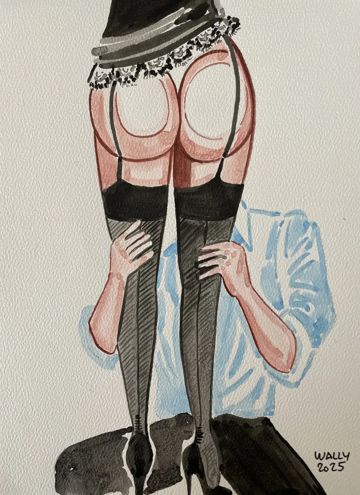 Femme en lingerie et jupe courte - Illustration aquarelle A4 Illustration aquarelle d'une femme vue de dos, portant une jupe courte, des bas et des talons, dans.