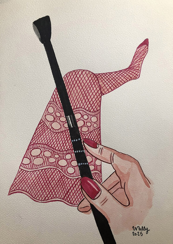 Vampire girl en aquarelle avec robe en résille rouge.