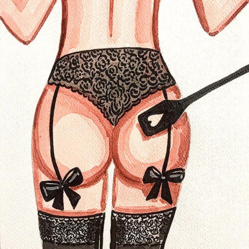Illustration BDSM en aquarelle montrant une femme en lingerie noire et accessoires.
