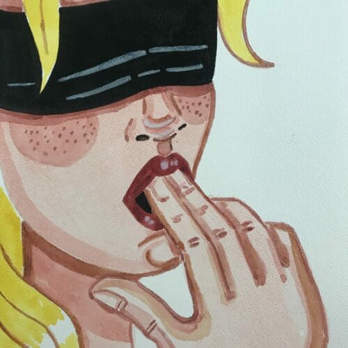 Illustration aquarelle BDSM avec femme portant un bandeau noir et doigt sur la bouche.