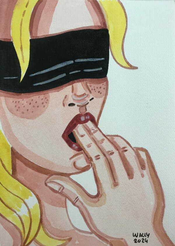 Cliché BDSM en aquarelle format A4 Illustration aquarelle BDSM avec femme portant un bandeau noir et doigt sur la bouche.
