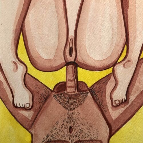 Illustration BDSM en aquarelle, mettant en scène des éléments liés à la domination et à la soumissio.