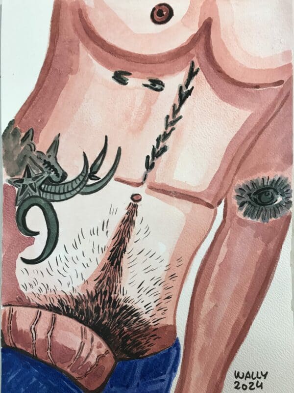Illustration aquarelle homme nu format A4 Aquarelle représentant un homme nu, style artistique, sur fond blanc.