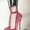 Illustration aquarelle de pieds en talons roses avec collants noirs sur fond blanc.