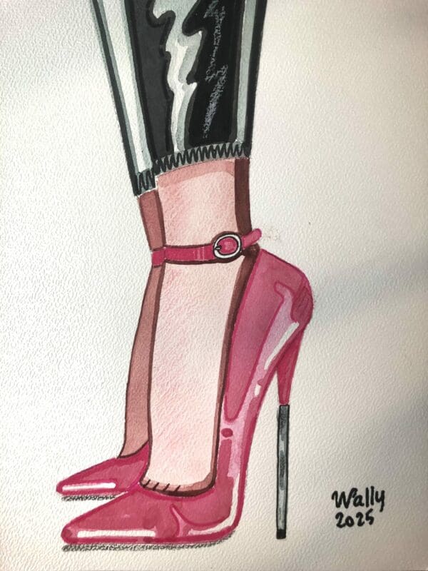 Illustration aquarelle de pieds en talons roses avec collants noirs sur fond blanc.