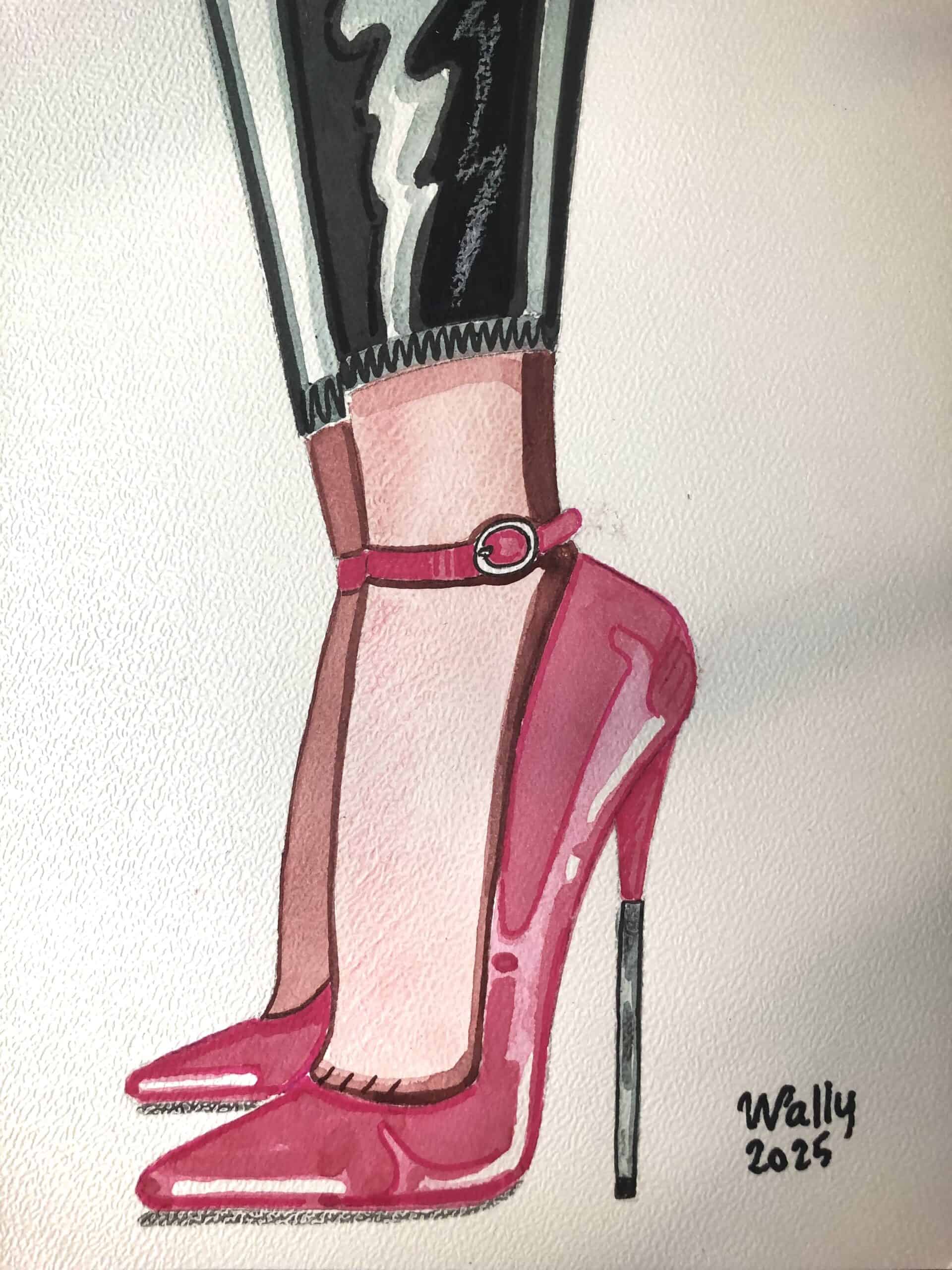 Chaussures à talons roses et jambes en collants noirs Illustration aquarelle de pieds en talons roses avec collants noirs sur fond blanc.
