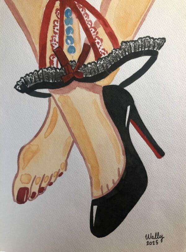 Chaussures et pieds en aquarelle, illustration artistique et colorée.