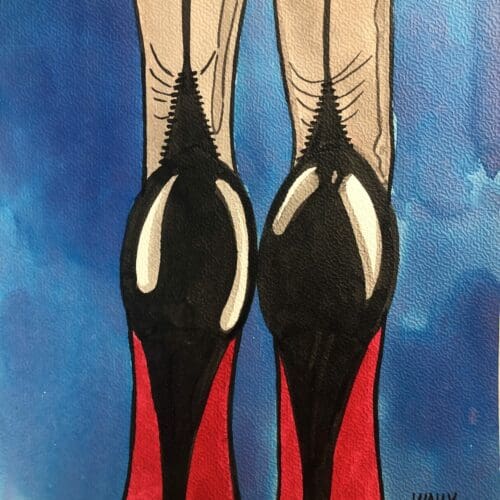 Chaussures à talons rouges et noires sur dessin aquarelle. Chaussures à talons hauts, illustration aquarelle sur le thème des pieds.