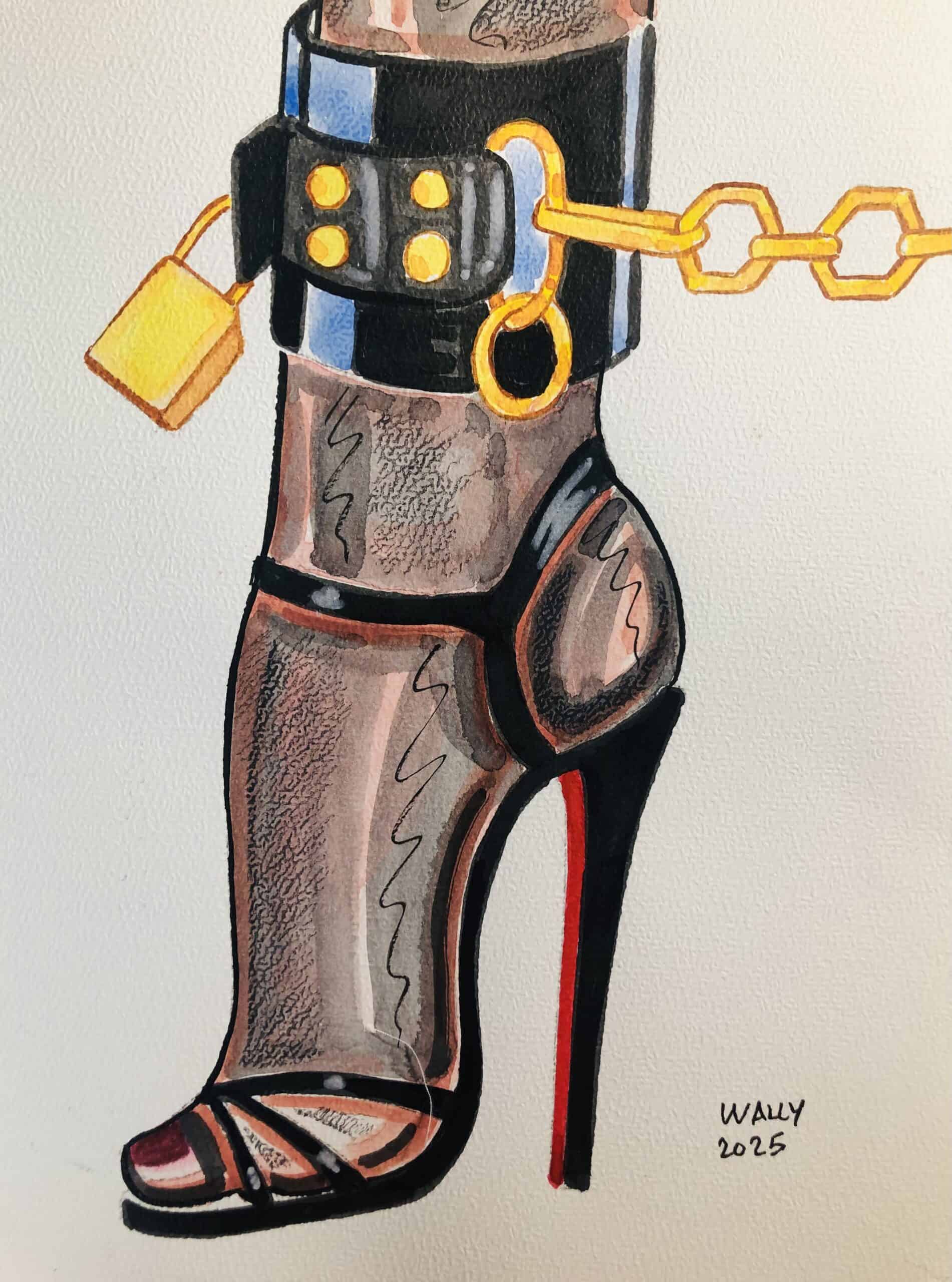 Chaussure à talon avec collier en chaîne dorée Chaussure aquarelle format A4 représentant un pied avec collier en chaîne dorée.