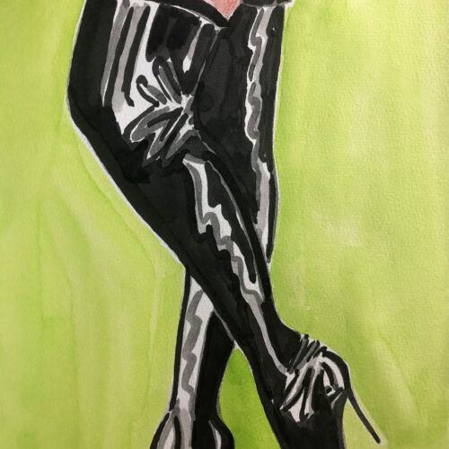 Chaussures à talons noires et jambes en collants, illustration aquarelle sur le thème PIEDS.