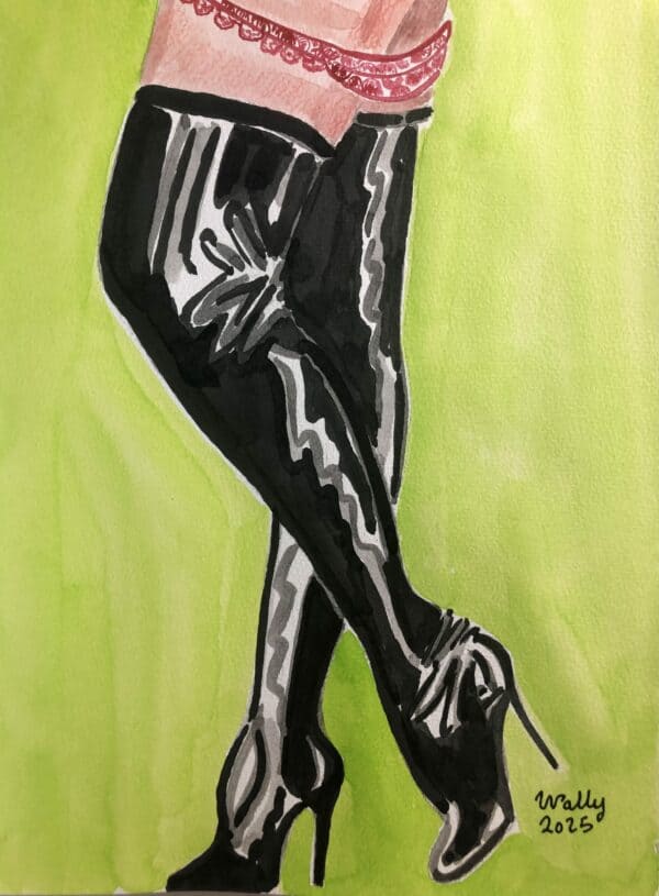 Chaussures à talons noires et jambes en collants, illustration aquarelle sur le thème PIEDS.