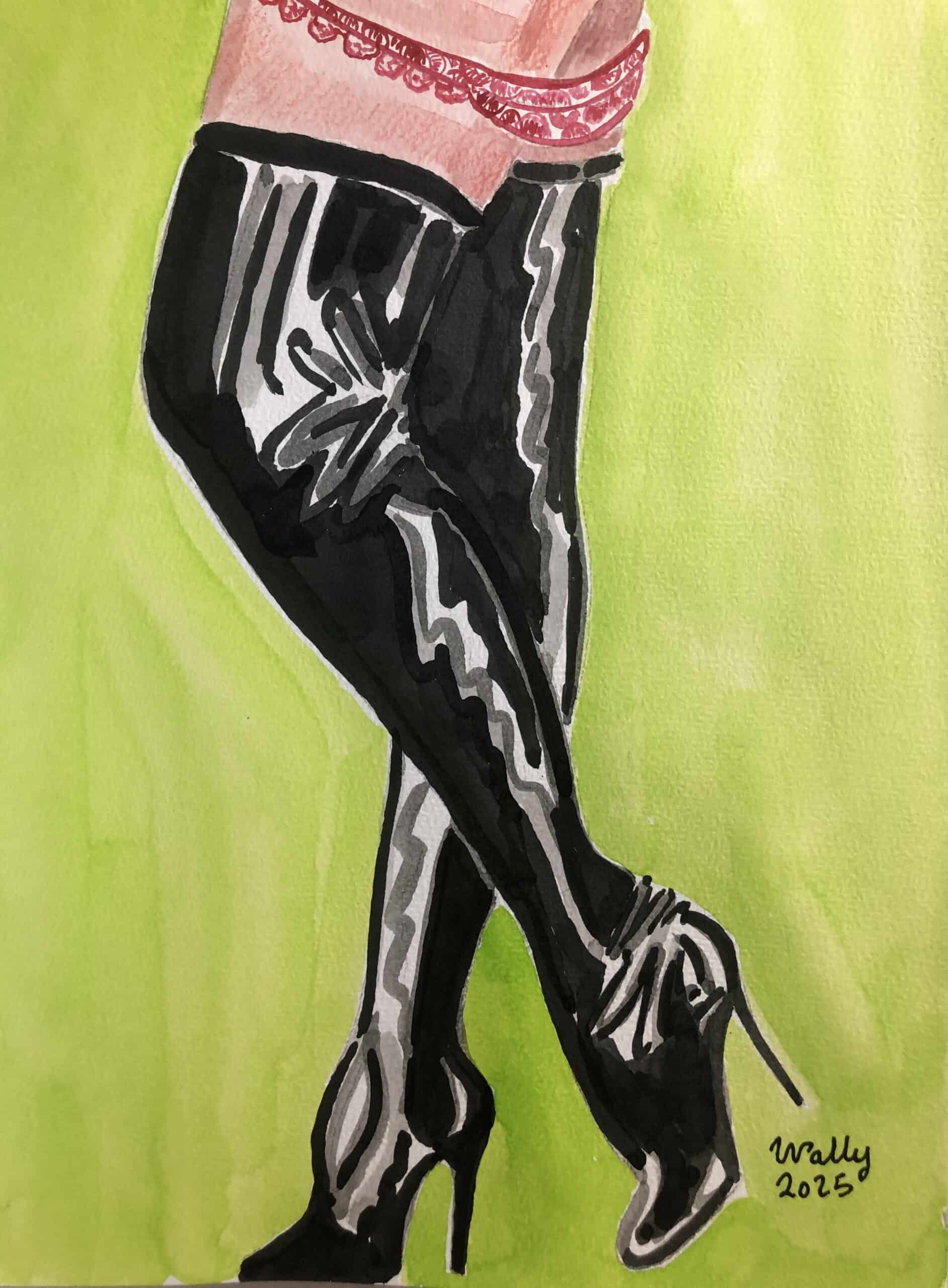 Chaussures à talons et jambes en collants noirs Chaussures à talons noires et jambes en collants, illustration aquarelle sur le thème PIEDS.