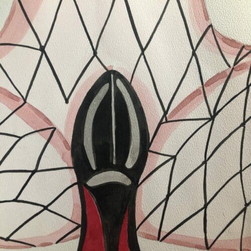 Chaussure à talon noir et rouge sur illustration aquarelle, thème PIEDS, style artistique et coloré.