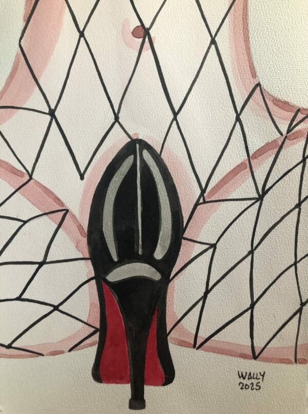 Chaussure à talon noir et rouge sur illustration aquarelle, thème PIEDS, style artistique et coloré.