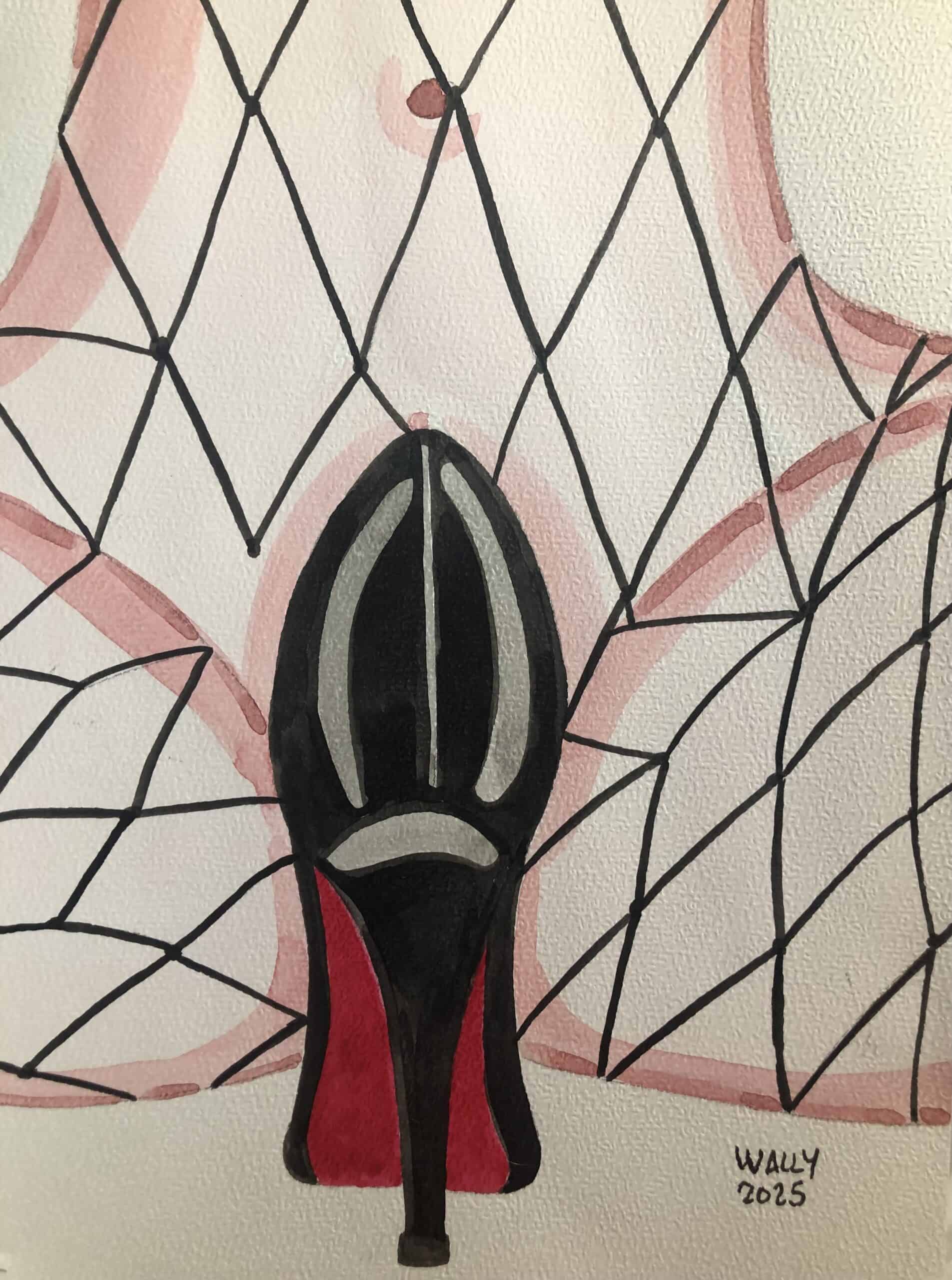 Chaussure à talon sur aquarelle format A4 Chaussure à talon noir et rouge sur illustration aquarelle, thème PIEDS, style artistique et coloré.