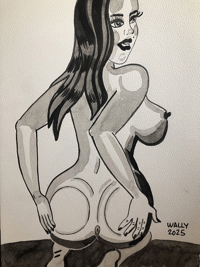 Femme en encre de chine - Illustration A4 Illustration encre de chine d'une femme nue, vue de dos, mettant en valeur ses courbes et son visage.