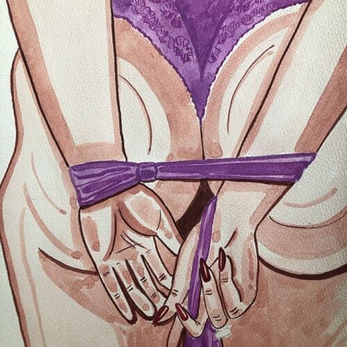 Sublime illustration aquarelle représentant une femme en lingerie violette, mettant en valeur la sen.