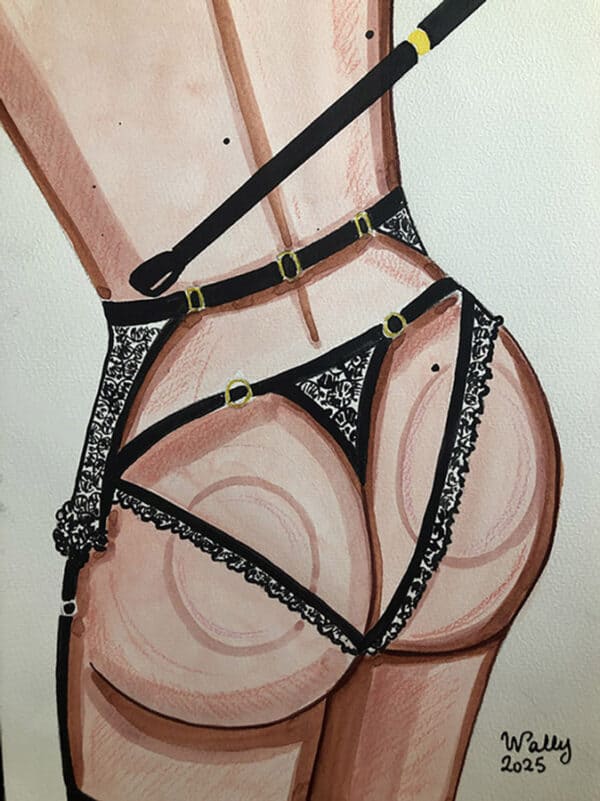 Sublime illustration aquarelle représentant un thème BDSM avec lingerie en dentelle noire.