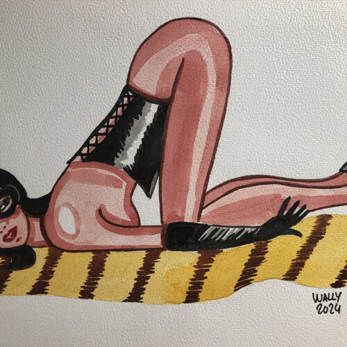 Femme en aquarelle sensuelle Illustration aquarelle d'une femme en position suggestive, portant des accessoires noirs, sur un tap.