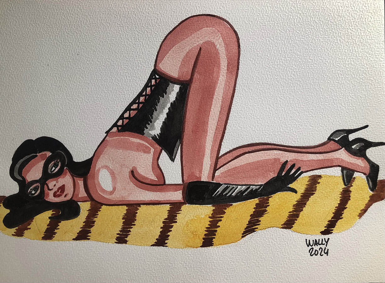 Illustration aquarelle d'une femme en position suggestive, portant des accessoires noirs, sur un tap.