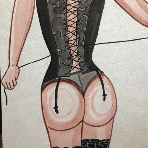 Vampire sexy en corset noir et bas résille, illustration aquarelle sur le thème FEMME, format A4, ar.