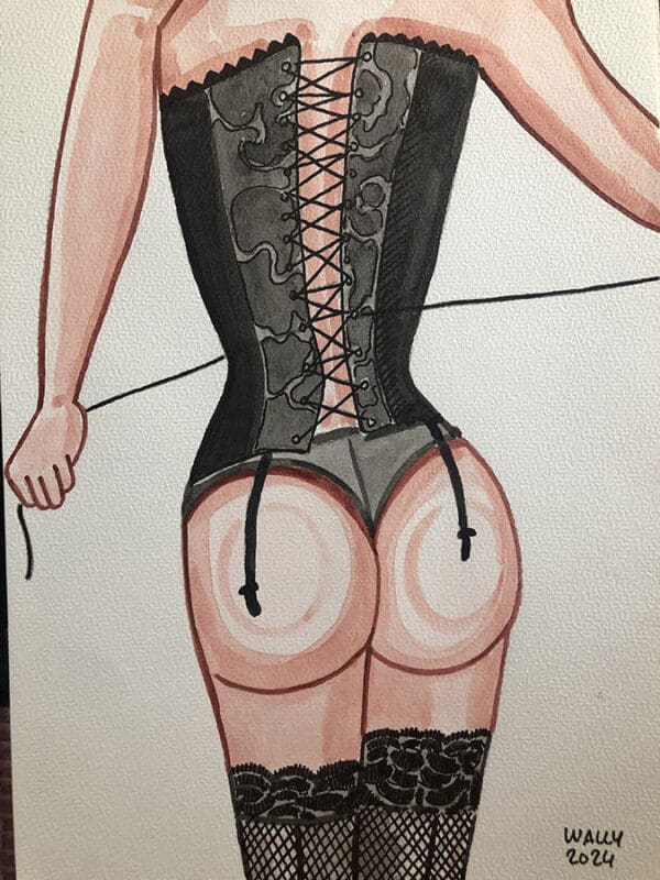 Vampire sexy en corset noir et bas résille, illustration aquarelle sur le thème FEMME, format A4, ar.