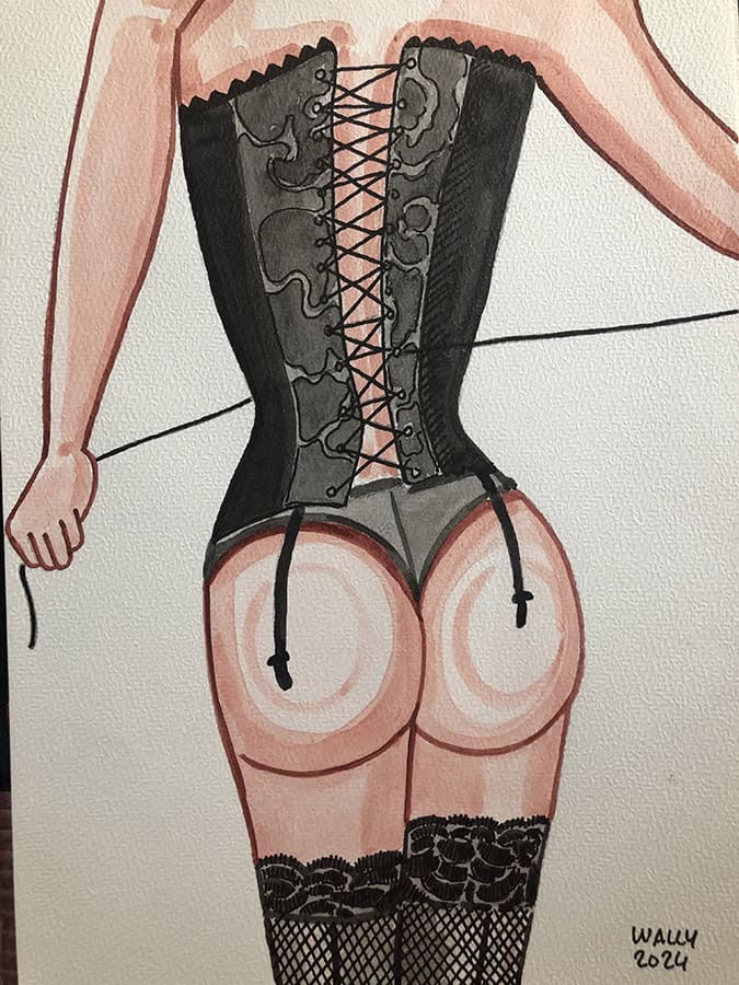 Vampire sexy en corset noir et bas résille Vampire sexy en corset noir et bas résille, illustration aquarelle sur le thème FEMME, format A4, ar.