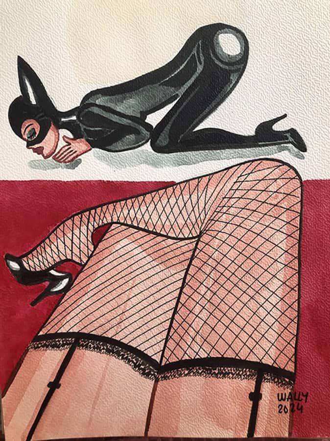 Vampire Cat in Fishnet Stockings Illustration aquarelle BDSM en format A4.