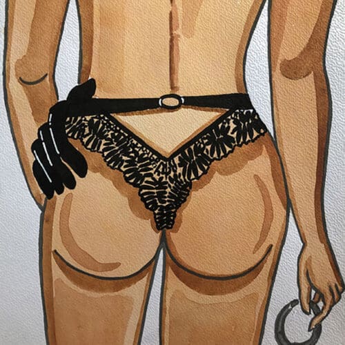 Illustration aquarelle d'une femme en lingerie BDSM avec menottes, style artistique et suggestif.