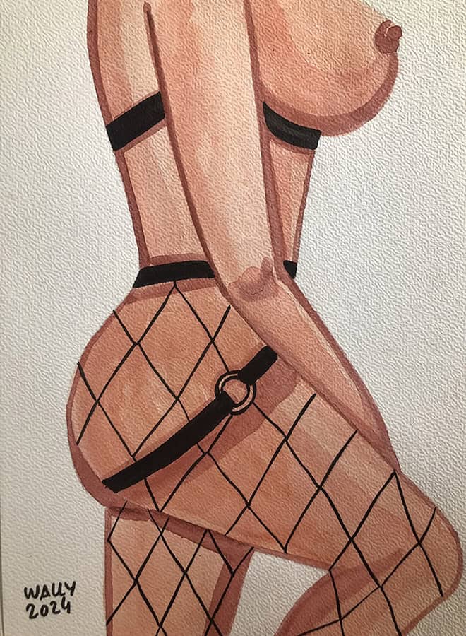 Illustration aquarelle d'une femme en lingerie et porte-jarretelles, style artistique et suggestif.