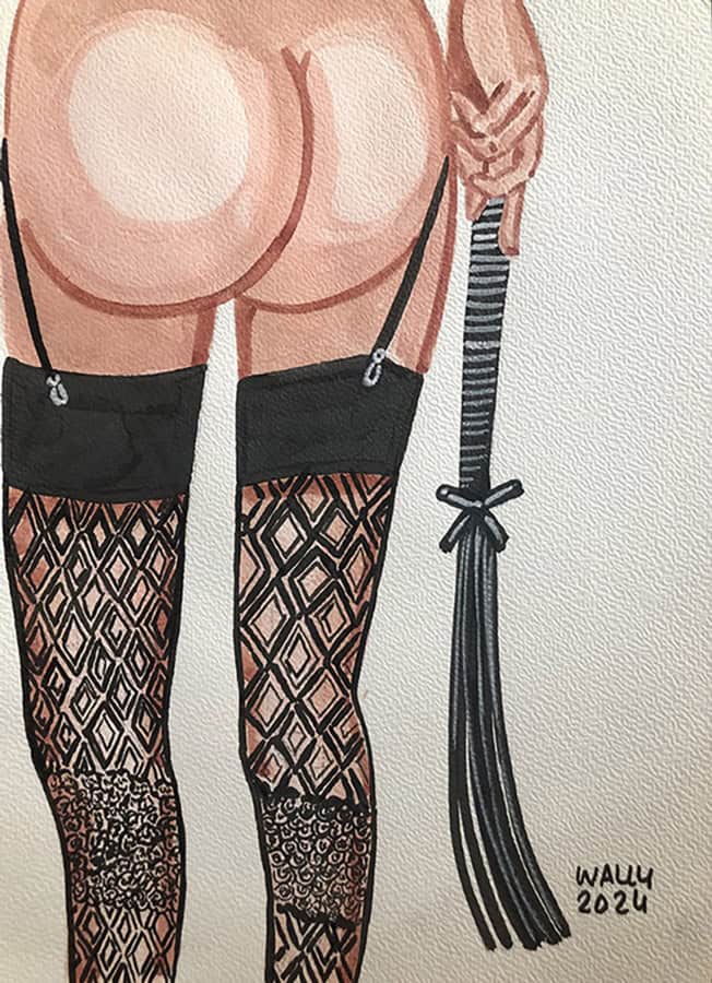 Vampire BDSM illustration aquarelle format A4 Illustration BDSM en aquarelle montrant une figure en lingerie et accessoires.