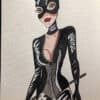 Illustration aquarelle BDSM en format A4, représentant une figure féminine en costume catwoman.