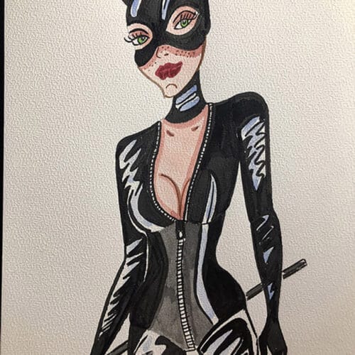 Illustration aquarelle BDSM en format A4, représentant une figure féminine en costume catwoman.