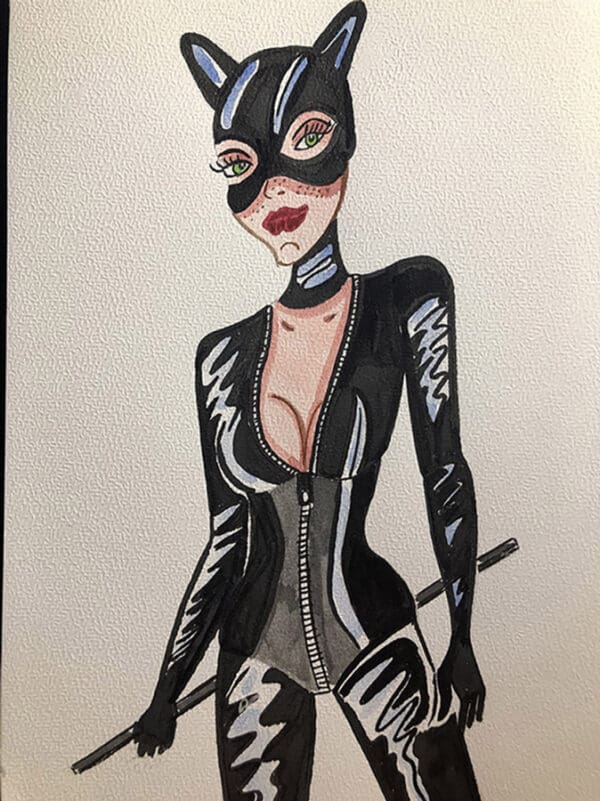 Illustration aquarelle BDSM en format A4, représentant une figure féminine en costume catwoman.