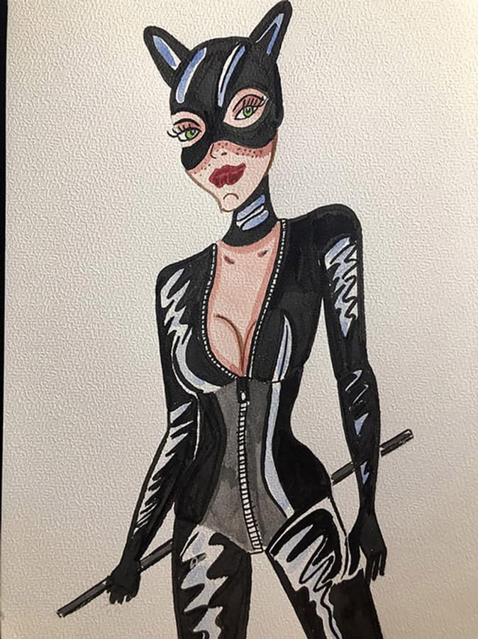 Illustration Aquarelle BDSM format A4 Illustration aquarelle BDSM en format A4, représentant une figure féminine en costume catwoman.