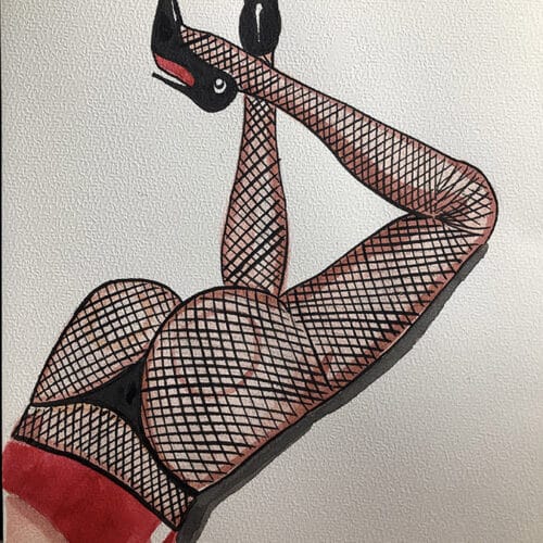 Vampire femme en aquarelle Femme en collants résille et talons hauts, illustration artistique et sensuelle.