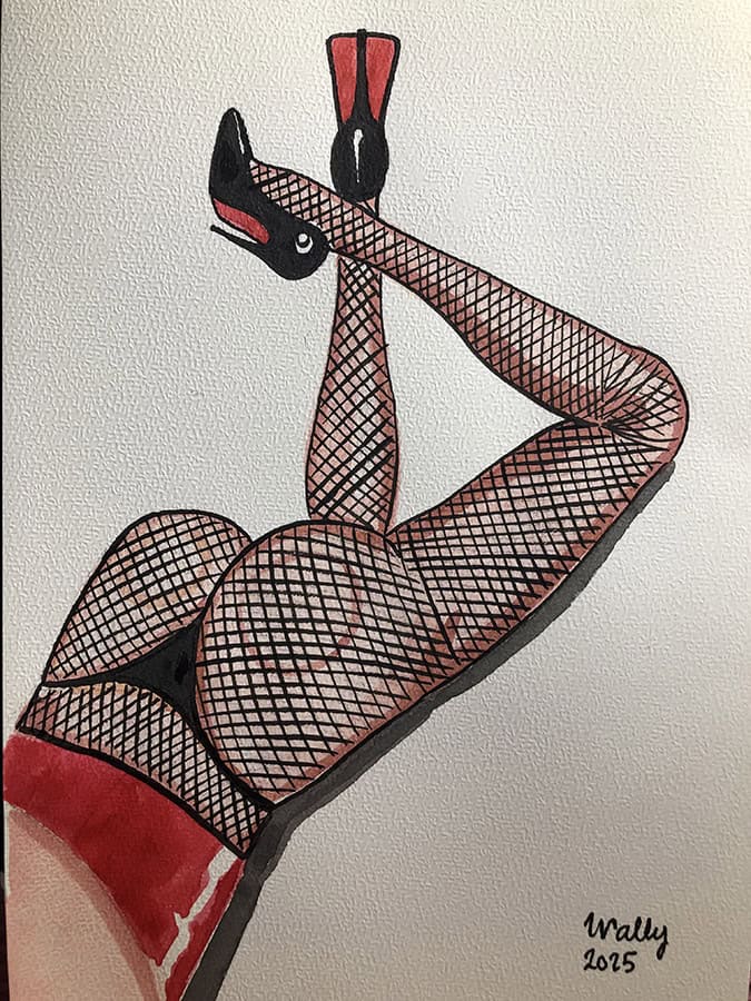 Vampire femme en aquarelle Femme en collants résille et talons hauts, illustration artistique et sensuelle.