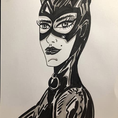 Vampire Cat Illustration Illustration encre de chine d'une femme en costume de chat, style BDSM, format A4.