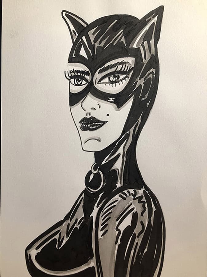 Vampire Cat Illustration Illustration encre de chine d'une femme en costume de chat, style BDSM, format A4.