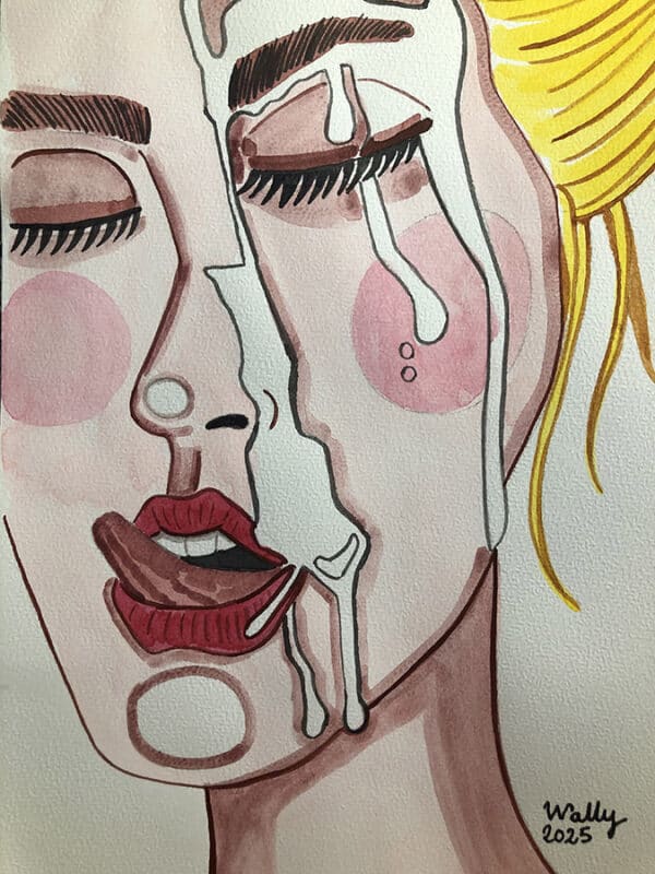 Femme en pleurs, illustration aquarelle A4 sur le thème FEMME, exprimant la vulnérabilité et la sens.