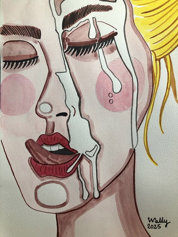 Femme en pleurs, illustration aquarelle A4 sur le thème FEMME, exprimant la vulnérabilité et la sens.