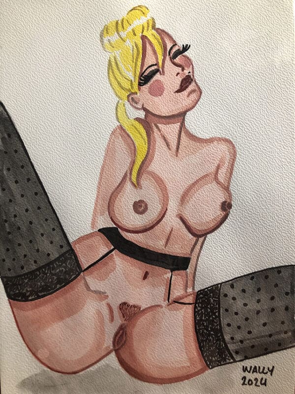 Illustration aquarelle d'une femme nue, cheveux blonds, jambes en bas, style artistique.