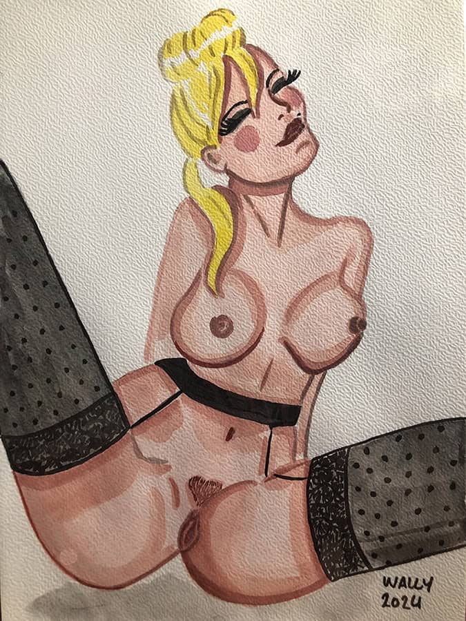 Femme en aquarelle sensuelle Illustration aquarelle d'une femme nue, cheveux blonds, jambes en bas, style artistique.