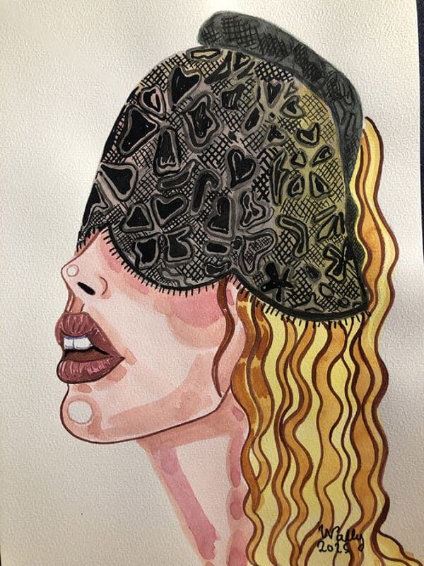 Illustration aquarelle d'une femme avec un masque en forme de cœur.