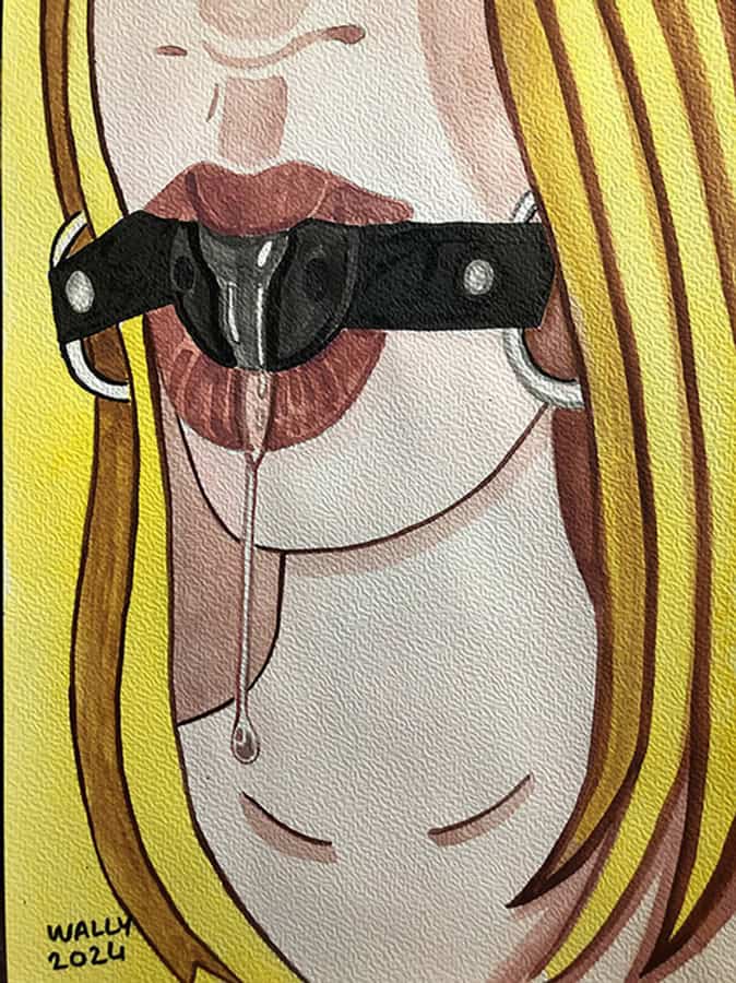 Vulnérabilité et soumission en illustration BDSM Illustration aquarelle d'une femme avec un collier de bondage et une bouche bâillonnée, évoquant la.