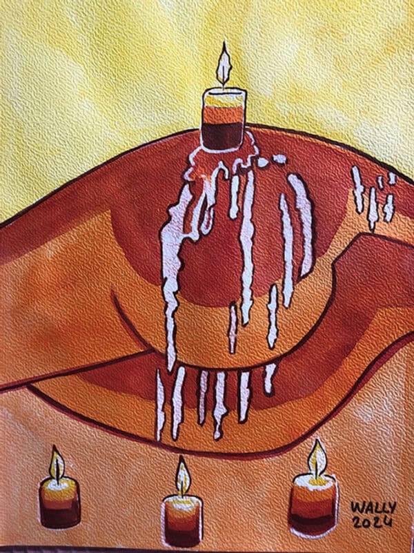 Détail d'une aquarelle représentant un corps nu avec bougies et bougie allumée, évoquant le thème BD.