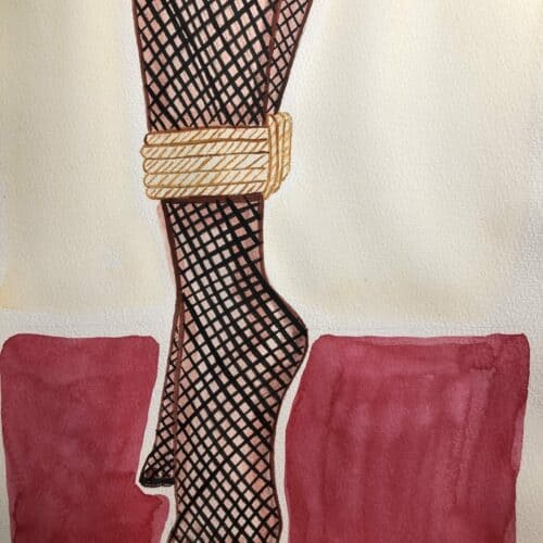 Corde de shibari en aquarelle, illustration A4 représentant une jambe en filet noir.