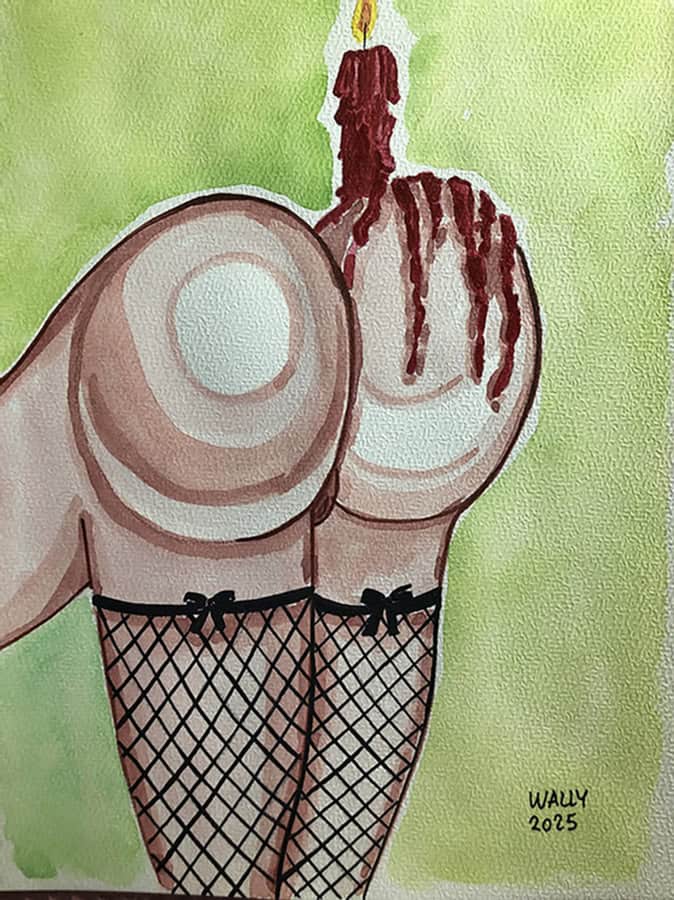 BDSM Illustration Aquarelle sur papier A4 Illustration aquarelle représentant une scène BDSM avec des jambes en bas, un bougie allumée et un g.
