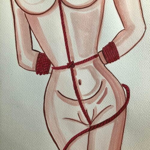 Illustration aquarelle de style A4 représentant une figure féminine liée dans une pose de shibari.