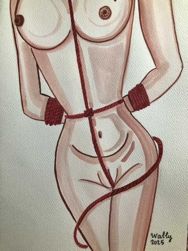 Tresse aquarelle sur thème SHIBARI Illustration aquarelle de style A4 représentant une figure féminine liée dans une pose de shibari.